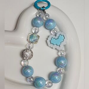 Beaded Keychain Phone Chain Blue White Accent Rhinestone‎ Valentine Hearts